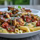 A close-up of Bruschetta Chicken Pasta shows melted mozzarella, chopped parsley, and a splash of balsamic over saucy pasta and tender sliced chicken.