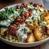 Fluffy quinoa topped with caramelized roasted vegetables and creamy tahini drizzle in this nourishing Roasted Vegetable Quinoa Bowl.