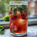 Refreshing strawberry lemon sparkling mocktail with vibrant red fruit and zesty citrus in a tall glass, garnished with mint and ice.
