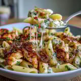 One-Pot French Onion Chicken Pasta in a creamy, cheesy skillet with caramelized onions and golden chicken pieces.