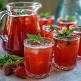 A vibrant pitcher of strawberry basil lemonade mocktail, bursting with fresh berries and fragrant herbs, perfect for summer sipping.