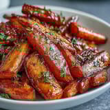 A close-up of tender Honey Glazed Roasted Carrots with Thyme, drizzled in golden honey and dotted with fragrant thyme leaves.