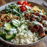 Middle Eastern Shawarma Bowl piled high with spiced chicken and creamy tahini sauce.