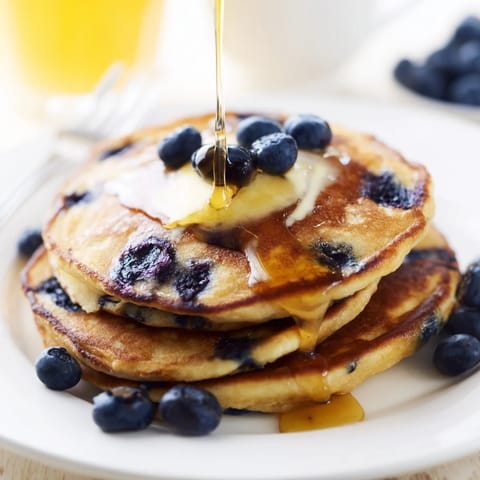 Golden brown fluffy Blueberry Pancakes stacked high, dripping with maple syrup and a pat of melting butter.