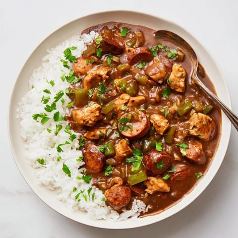 Spoons lifting hearty Gumbo from a Dutch oven, revealing rich, dark roux and tender vegetables.