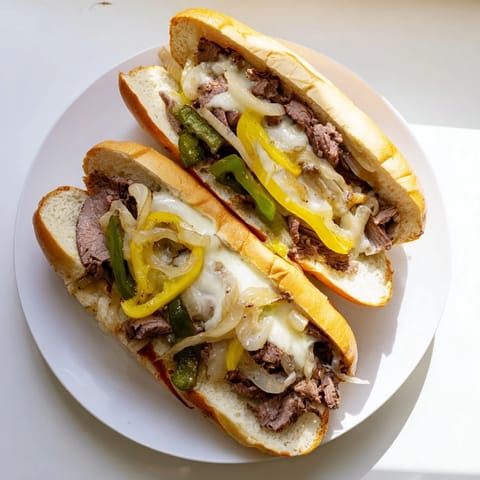 Golden brown beef and melted cheese overflowing from a soft roll in a classic Philly Cheesesteak.