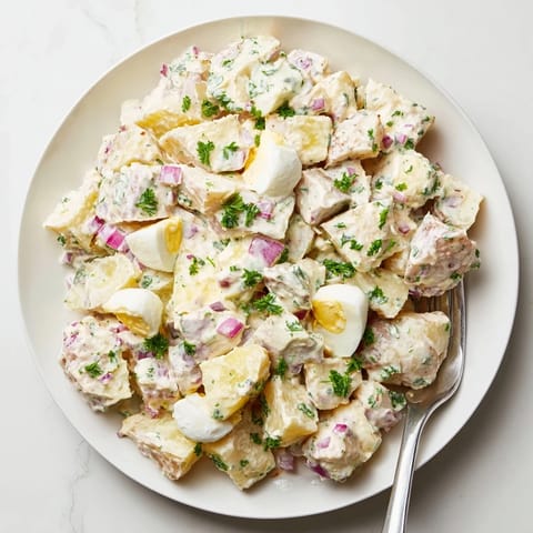 Creamy homemade Potato Salad with tender potatoes, crisp celery, red onion, and fresh parsley mixed in a tangy dressing.