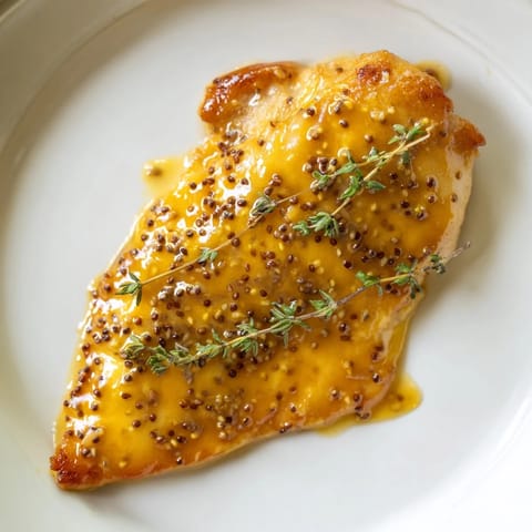 A close-up of Honey Dijon Chicken Skillet, garnished with parsley and served alongside fluffy rice for a weeknight dinner.