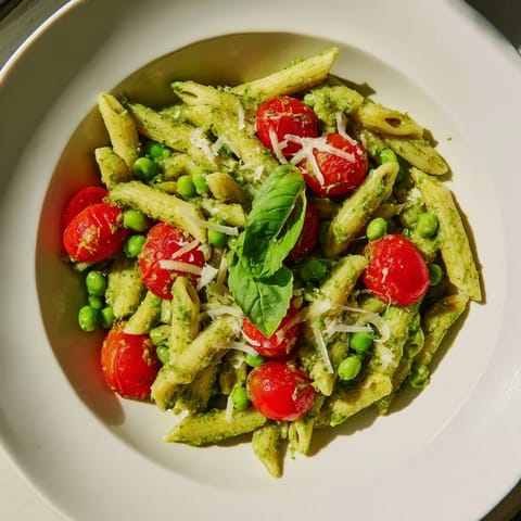 A close-up of Green Pesto Pasta Salad with al dente fusilli coated in vibrant basil pesto, sweet peas, and halved cherry tomatoes, garnished with fresh basil leaves.  