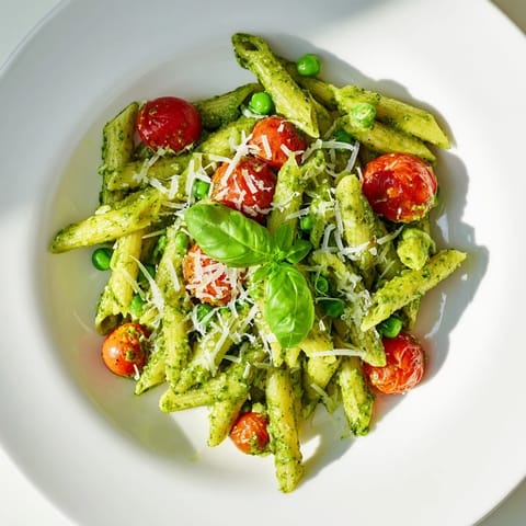 Green Pesto Pasta Salad served in a white bowl, ready for a light lunch or picnic, featuring tender pasta, juicy tomatoes, and a drizzle of olive oil.  