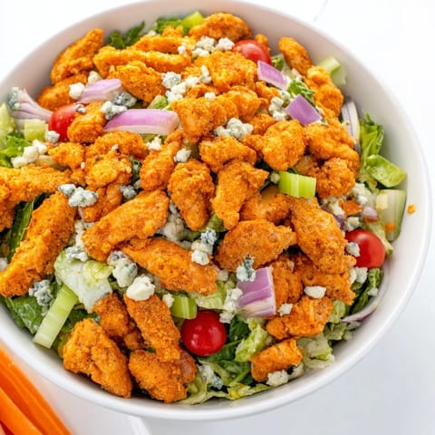 Freshly chopped romaine topped with spicy buffalo chicken, diced celery, and creamy crumbled blue cheese in a rustic bowl.  