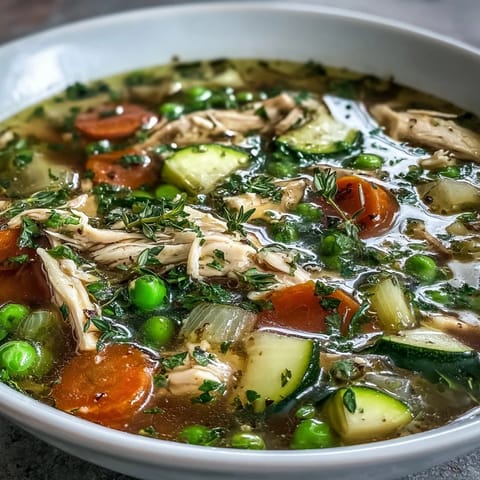 A steaming bowl of Spring Garden Chicken Soup features tender shredded chicken, carrots, zucchini, and peas in a clear aromatic broth garnished with fresh parsley.