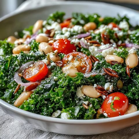 Hearty white bean and kale salad with a fresh lemon-garlic dressing, ready to serve.