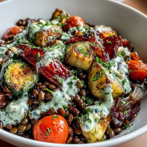 Hearty black lentil salad with colorful roasted vegetables and bright lemon dressing.