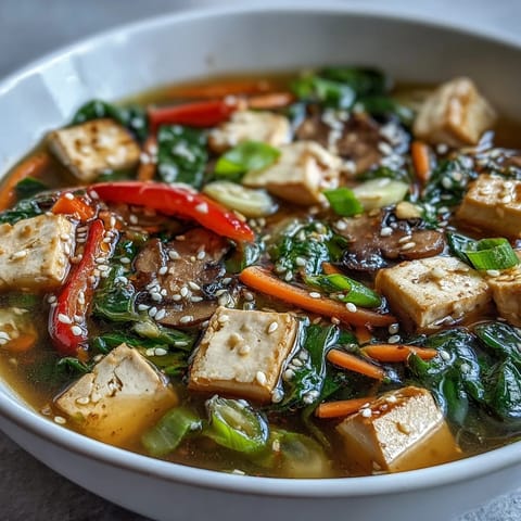 Hearty Tofu and Vegetable Soup, ready to serve with fresh cilantro and a lime wedge.