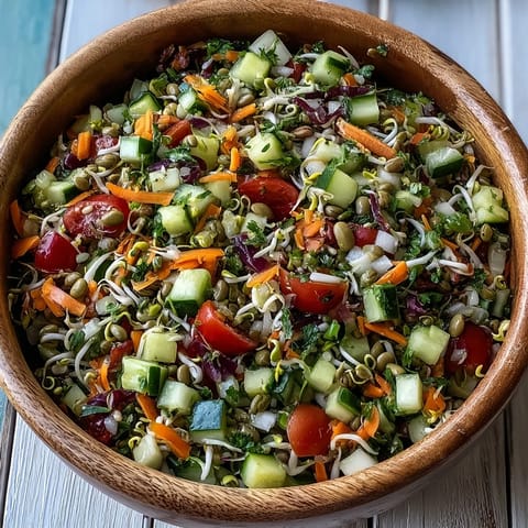 Vibrant sprouted seed salad with crisp veggies and zesty lemon dressing, ready to serve.