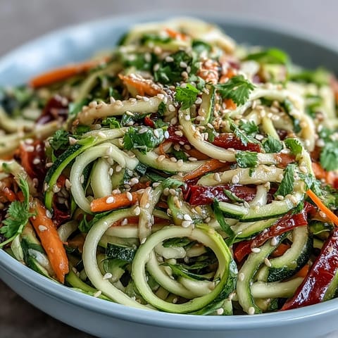 Vibrant spiralized Raw Vegetable Noodle Salad with a zesty sesame-ginger dressing.