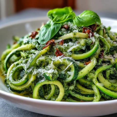 Colorful zucchini noodles with vibrant basil pesto, a quick healthy meal.