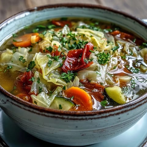 Healthy vegan Cabbage Soup served hot in a white bowl, garnished with fresh parsley and lemon.