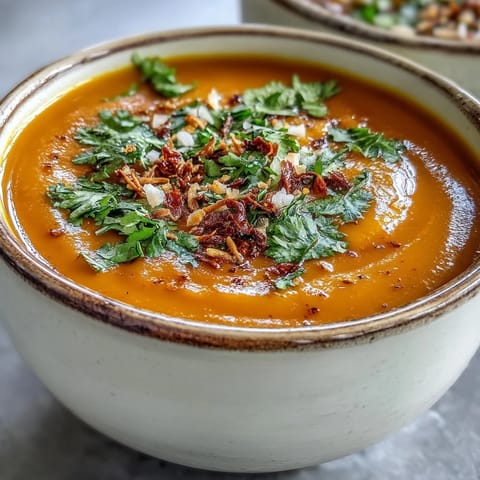 A steaming bowl of Carrot and Coconut Soup, garnished with toasted coconut flakes and fresh cilantro, with a lime wedge on the side.