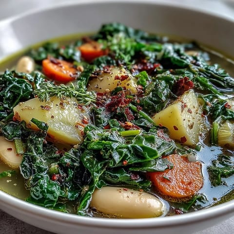 A steaming bowl of kale soup showcases tender kale leaves and colorful diced carrots in a savory broth.