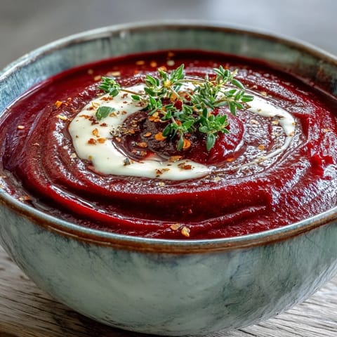 A ladle of velvety roasted beet soup poured from a pot, showing its vibrant magenta color.