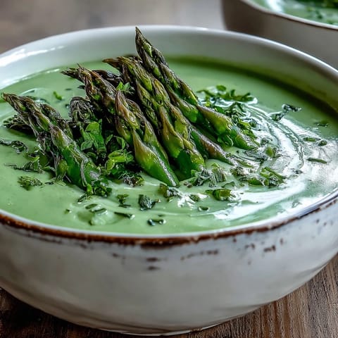 A bowl of creamy Asparagus Soup garnished with tender tips and fresh chives, served with crusty bread.