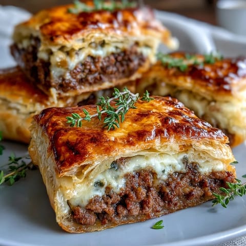 Golden-brown Mini Beef Tourtières with a flaky, cream cheese pastry cradling a warmly spiced beef filling on a rustic wooden board.