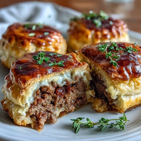 A close-up view of Mini Beef Tourtières, their fork-sealed edges visible and egg-washed tops glistening after oven baking.