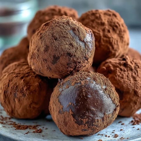 Rich, creamy chocolate truffles rolled in cocoa powder and finely chopped toasted hazelnuts on a rustic wooden board.