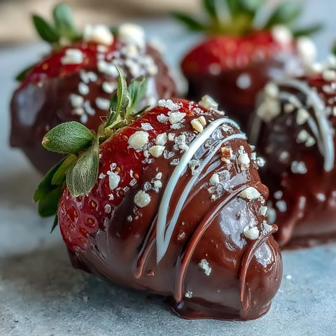 Fresh ripe strawberries dipped in glossy dark chocolate, ready to serve as a romantic dessert treat.