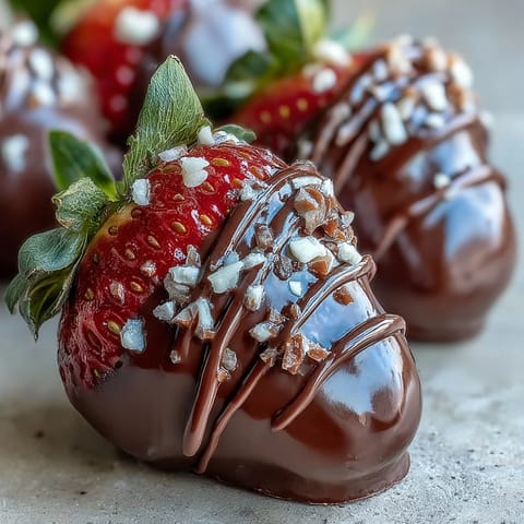 Chocolate-Covered Strawberries on a chilled tray, topped with white chocolate drizzle and chopped nuts.