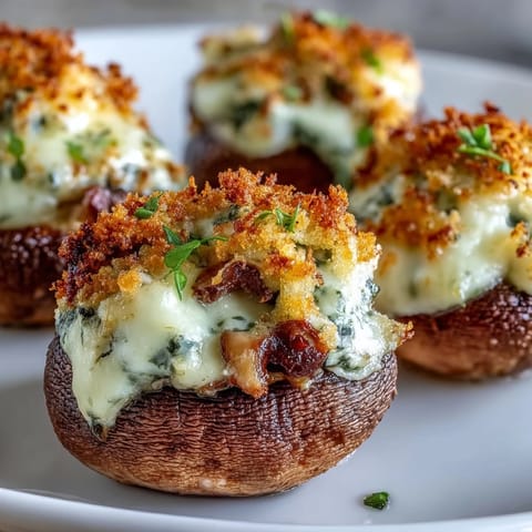 Freshly baked Stuffed Asiago-Basil Mushrooms with golden cheese crusts, resting on a rustic wooden platter. Fresh basil garnish adds vibrant green contrast.