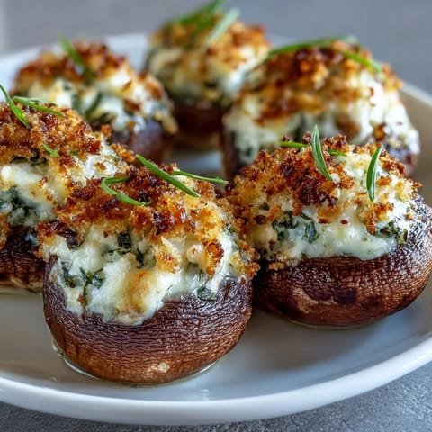Golden-brown Stuffed Asiago-Basil Mushrooms arranged on a baking sheet, showing bubbly cheese filling and fresh basil specks in the light.
