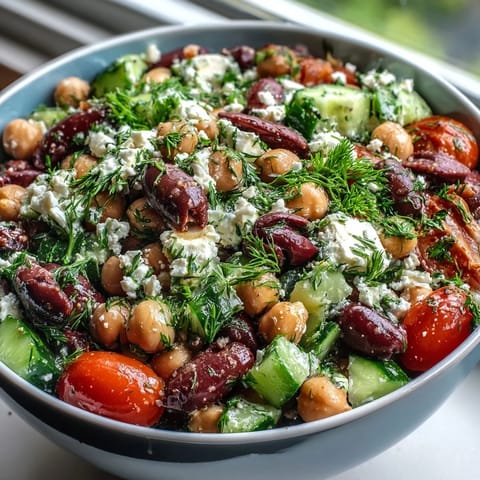 Bright red cherry tomatoes and creamy feta are tossed with marinated beans in a Mediterranean Greek Bean Salad with Lemon Marinated Beans.