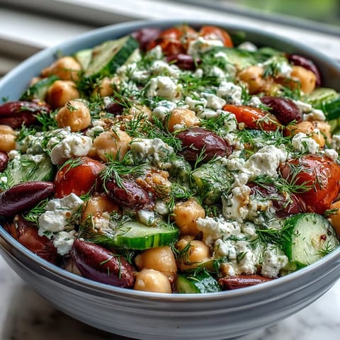 Hearty Greek Bean Salad with Lemon Marinated Beans features a vibrant medley of chickpeas, crisp cucumbers, and Kalamata olives.