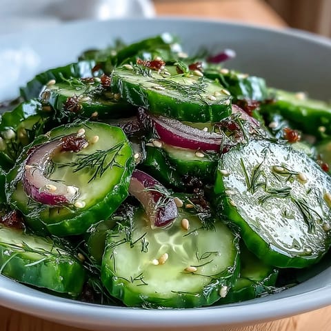 Bright, chilled Refreshing Crunchy Cucumber Salad with dill and red onion served on a white plate.