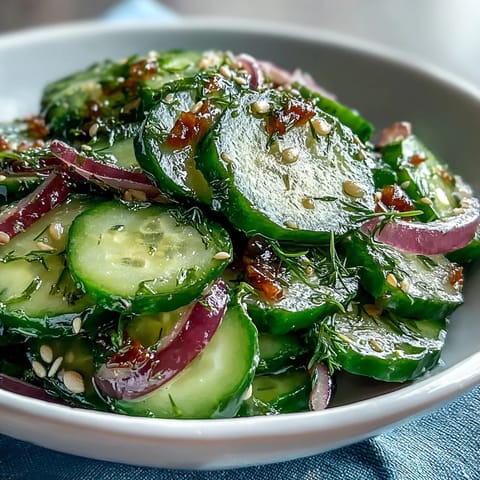 Thin sliced cucumbers, red onion, and dill in tangy vinegar dressing, garnished with sesame seeds.