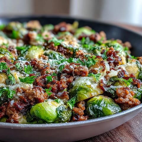 Golden-brown Brussels sprouts and savory ground turkey sizzle together in a cast iron skillet with sautéed onions and minced garlic.