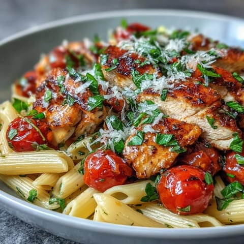 Juicy golden-seared chicken and al dente penne are tossed with bright cherry tomatoes, fresh basil, and creamy mozzarella in this Bruschetta Chicken Pasta.