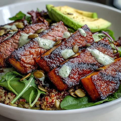 Golden roasted butternut squash steak bowls are piled high over fluffy quinoa and greens, topped with creamy avocado and toasted pepitas. 