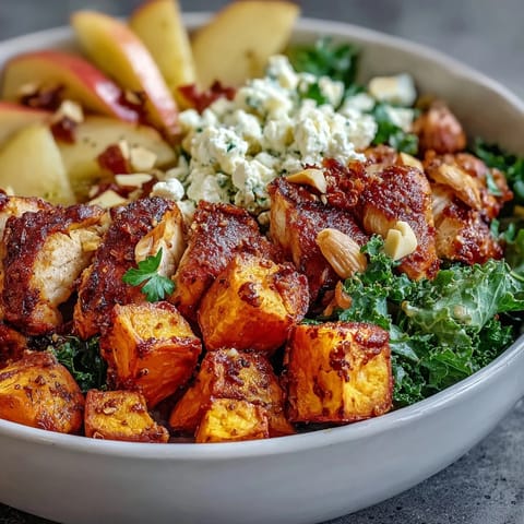 Roasted chicken and caramelized sweet potatoes top the Fall Sweet Potato Harvest Bowl with fresh kale and goat cheese.
