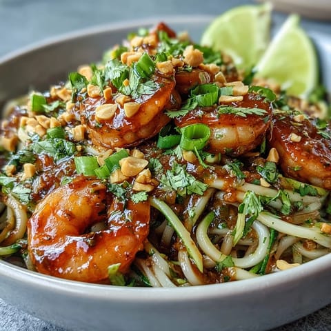 Colorful Asian Noodle Bowl topped with peanuts, cilantro, and lime wedges, featuring plump pink shrimp, julienned zucchini, and carrots in a glossy sauce.