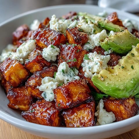 Golden roasted sweet potato cubes, creamy avocado, and cottage cheese in a Hot Honey Sweet Potato Bowl with cilantro.