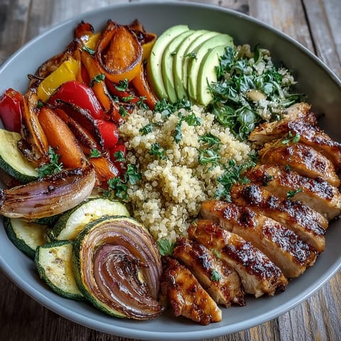 Golden pan-fried chicken sits atop a Paprika Roasted Vegetable Quinoa Bowl with creamy avocado and lemon salad.