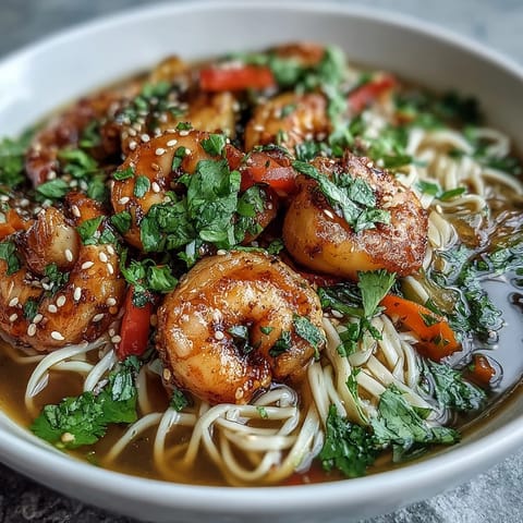 Fragrant Asian Noodle Bowl with Shrimp and Scallops garnished with cilantro and lime wedges in a steamy broth.