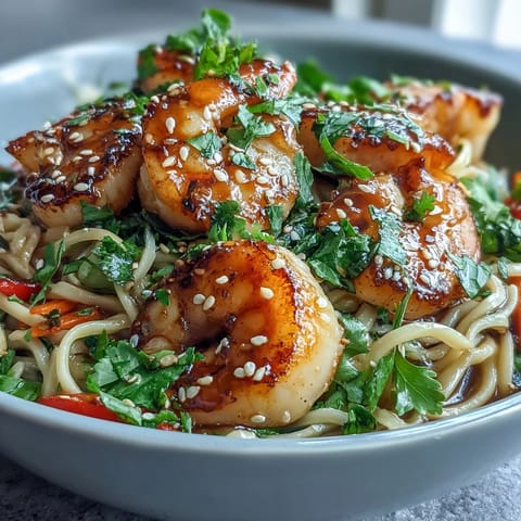 Close-up of Asian Noodle Bowl with Shrimp and Scallops featuring seared seafood and colorful crisp vegetables over noodles.