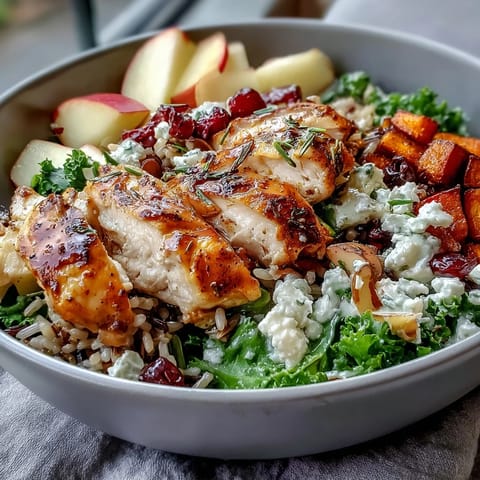Bright roasted sweet potatoes and tender sliced chicken rest on massaged kale with wild rice, diced apple, sliced almonds, crumbled goat cheese, and a balsamic drizzle.