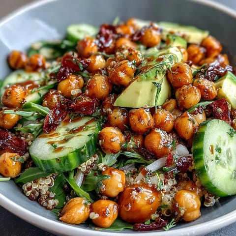 Colorful grain bowl with roasted chickpeas, fresh vegetables, and zesty lemon vinaigrette, perfect for a healthy vegetarian meal.