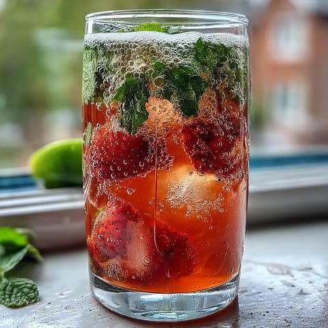 Refreshing strawberry lemon sparkling mocktail with vibrant red fruit and zesty citrus in a tall glass, garnished with mint and ice.